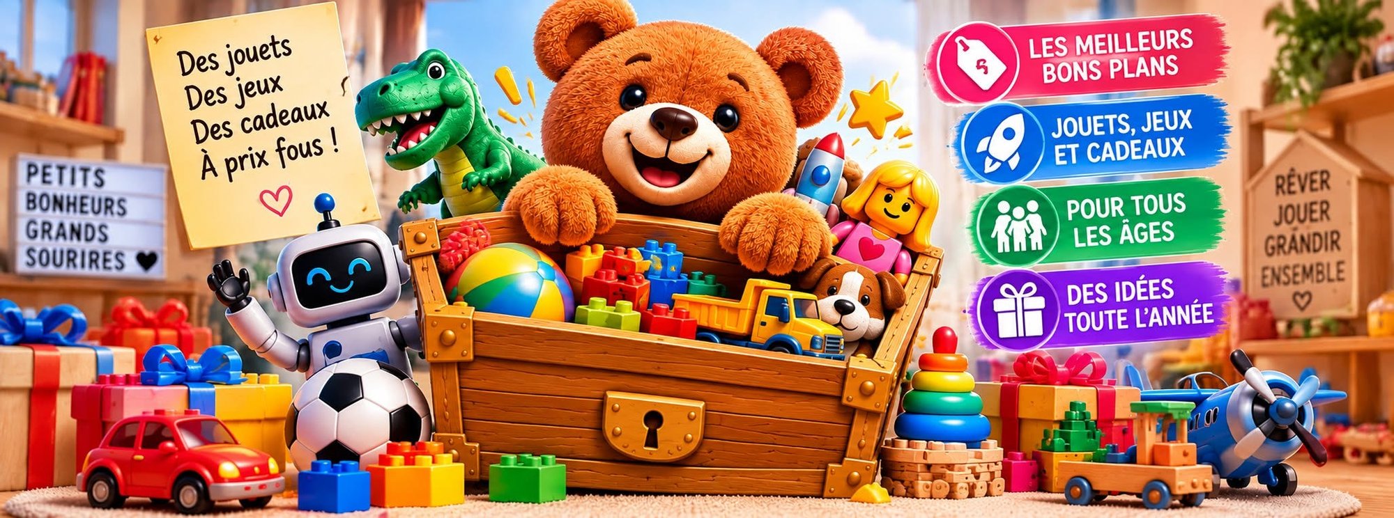 L'ourson de La Planque &agrave; Jouets dans son coffre, entour&eacute; de jouets : dinosaure, robot, ballon, briques et voitures